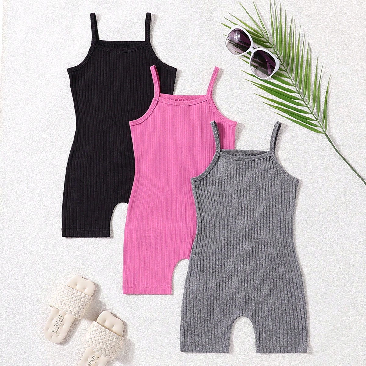 Piezas/Set Conjunto de mono de camisilla acanalado de unicolor para niñas jóvenes