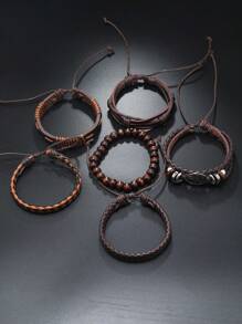 6pcs Vintage PU Life Tree Braided Beaded Bracelet Unisex