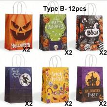 6/12 Pcs Halloween Treat Bags With Handles Kraft Paper Halloween Bags Trick Or Treat Gift Packing Bag Party Bulk Supplies - Multicolor - View 14