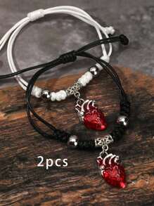 2pcs Retro Gothic Red Beating Heart Bracelet Couple Bracelets Friendship Gifts - Red - View 1