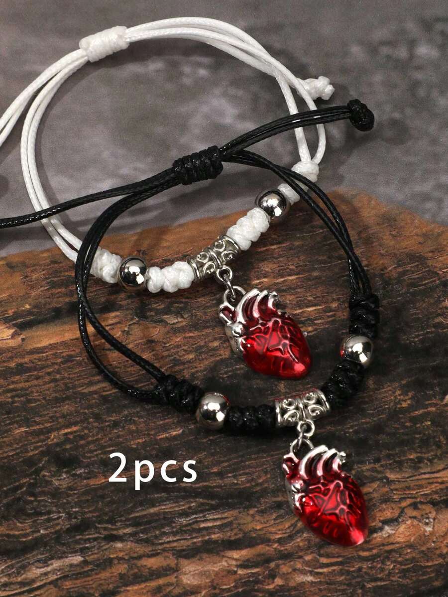 2pcs Retro Gothic Red Beating Heart Bracelet Couple Bracelets Friendship Gifts - Red - View 1