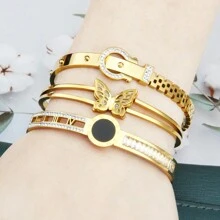 3-In-1 Set: Rhinestones Embedded Double LOVE Stainless Steel Bracelet, & Fashionable, With Romane Braided Steel Wire Bracelet Accessory, Great Gift
