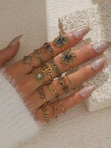 15pcs/Set Vintage Style Teardrop Flower & Diamond Hollow Out Punk Ring Set For Women - 15 Piece Ring Set - View 3
