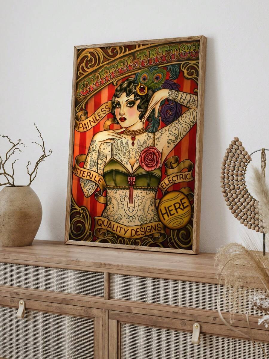 1pc Red Tattoo Female Canvas Wall Art Painting, Vintage Canvas Print Poster, Women Wall Artwork, Tattoo Wall Art Print, Home Decor, Unframed