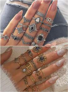 15pcs/Set Vintage Style Teardrop Flower & Diamond Hollow Out Punk Ring Set For Women - 15 Piece Ring Set - View 1
