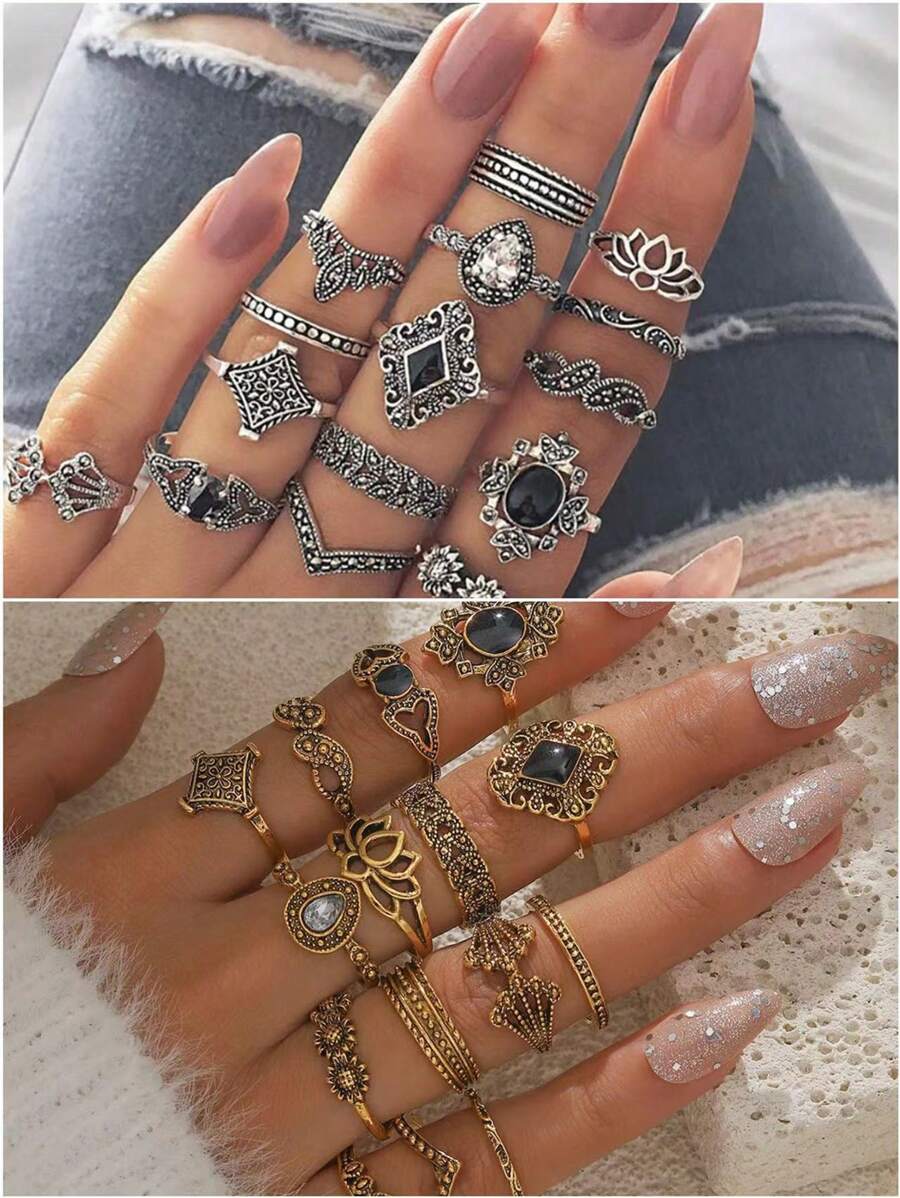 15pcs/Set Vintage Style Teardrop Flower & Diamond Hollow Out Punk Ring Set For Women - 15 Piece Ring Set - View 1