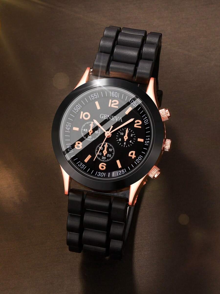 简约可爱的黑色硅胶石英表 - 回到学校 - 黑色 - 查看 1