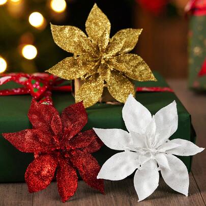 2/5/10/20 件人造花，用于圣诞树装饰和 DIY 派对装饰，白色、银色、香槟色、金色、红色、粉色、圣诞