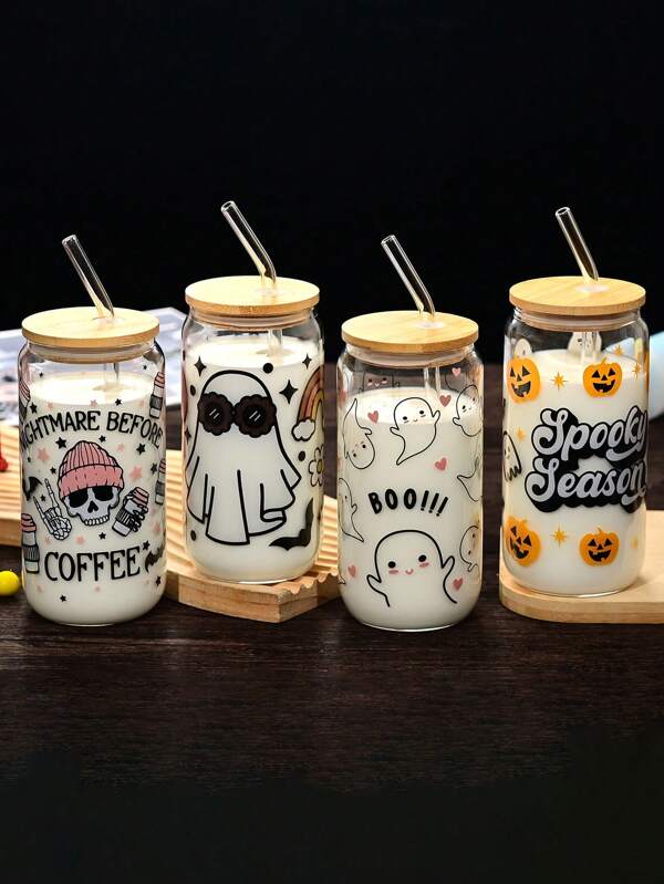 1 bucată ceașcă din sticlă de Halloween/Crăciun, foarte transparentă, cu design drăguț personalizat imprimat la temperatură înaltă Petrecere de Halloween