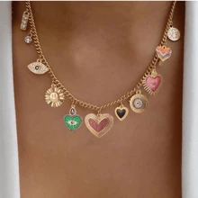 1pc Flower, Evil Eye, Tail, Sun & Moon Motif DIY Pendant, Bohemian Style Golden Heart Shape Charm For Women, Halloween Jewelry Decoration Valentines