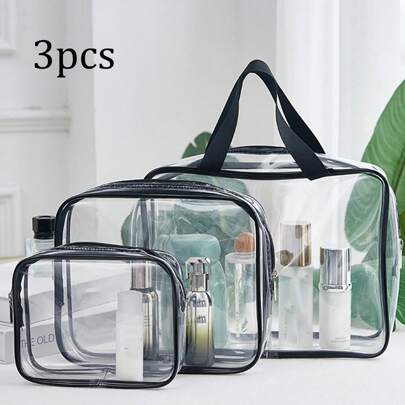 3 件大号透明化妆品洗漱用品收纳袋，透明塑料手提包旅行化妆包，防水透明小号透明手提包钱包适用于学校包袋收纳袋返校用品浴室配件节日必需品小袋巡航必需品旅行配件袋