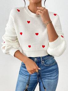 1pc Women's Spring/Summer Embroidered Sweater, Sweet Chic Heart Pattern Knit Top, Soft Casual Versatile Crop Top, Round Neck Long Sleeve Pullover Women Tops, Streetwear