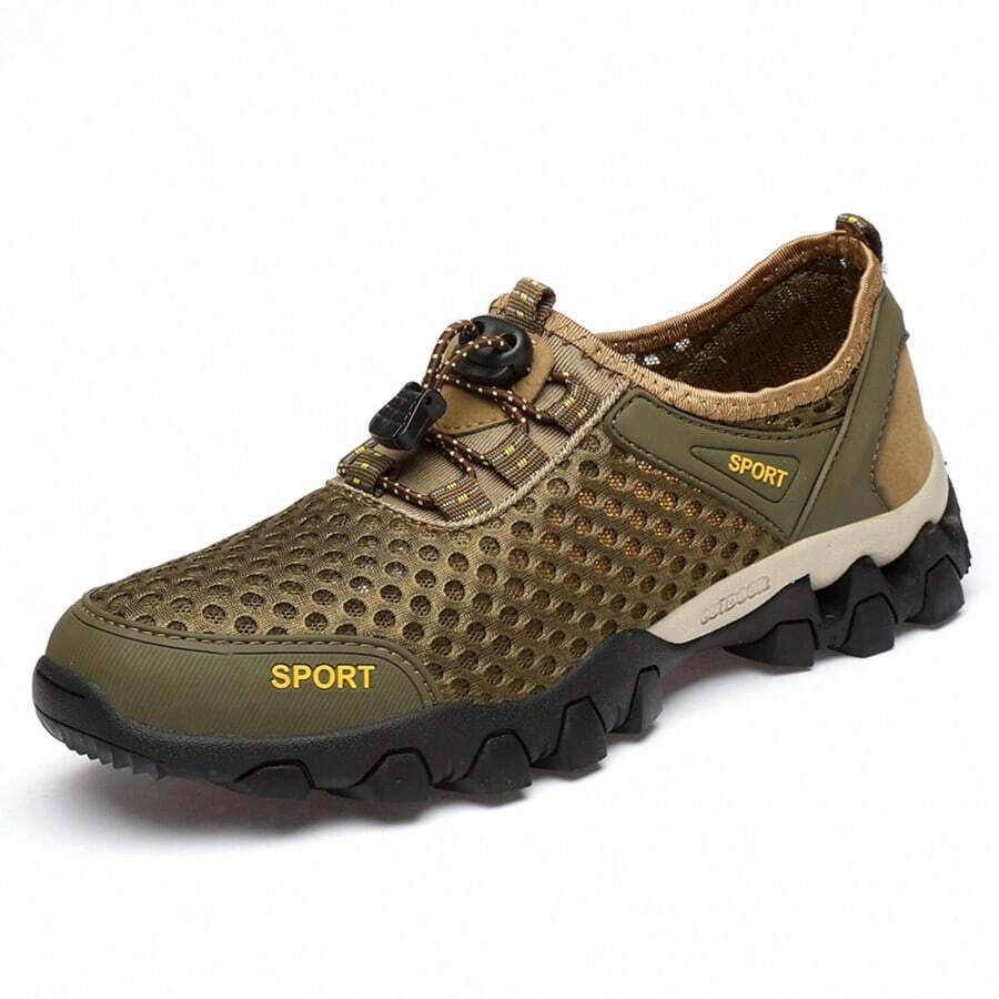 Men's Lightweight Mesh Sports Shoes, Casual Non-Slip Rubber Sole Sneakers For Outdoor Hiking Camping Running Athletic Sports - 卡其色 - 查看 1