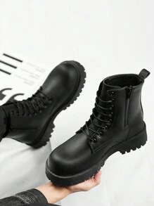 Men's Black High-Top Leather Boots, Fashion Thick-Soled Round Toe Ankle Boots, Warm Thermal Lining, Recommend Ordering One Size Down - Black - View 4