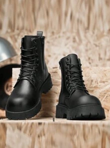 Men's Black High-Top Leather Boots, Fashion Thick-Soled Round Toe Ankle Boots, Warm Thermal Lining, Recommend Ordering One Size Down - Black - View 6