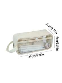 1pc Clear Pencil Case, Simple Design, Large Capacity, Visible For School Supplies, Suitable For Middle & High School Students - Beige - View 3