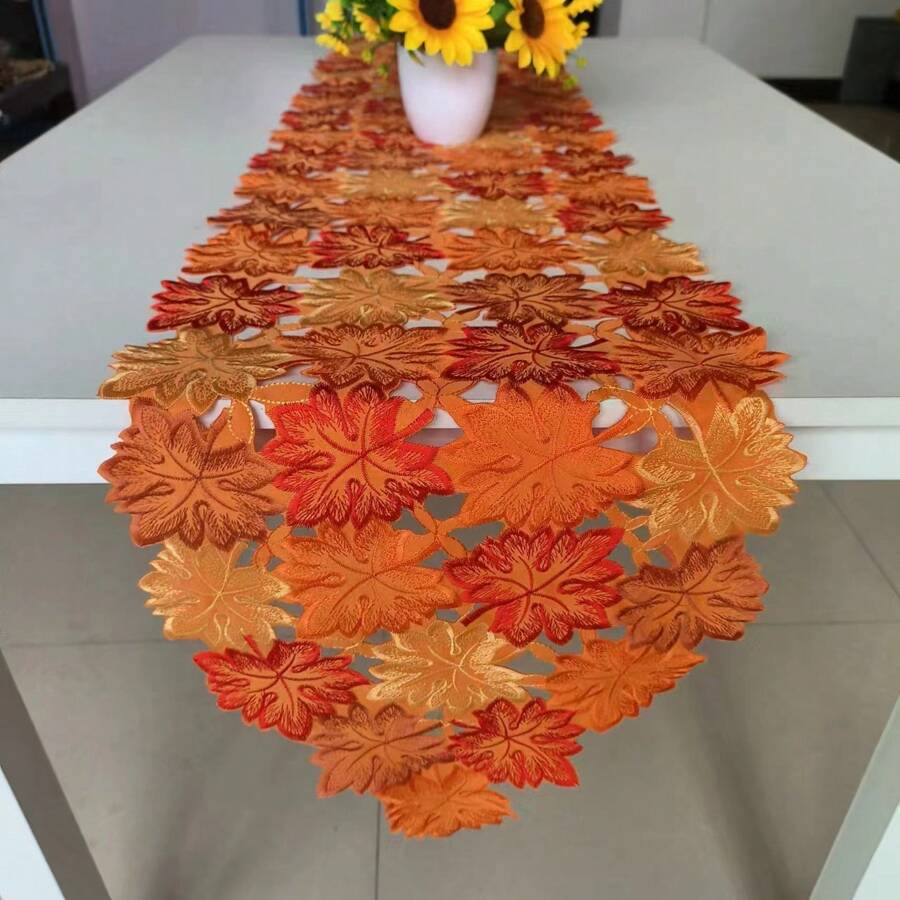 Thanksgiving Fall Harvest Embroidered Hollow Maple Leaf Tablerunner, Decorative Kitchen Dining Table Linens For Holiday Atmosphere - Multicolor - View 1