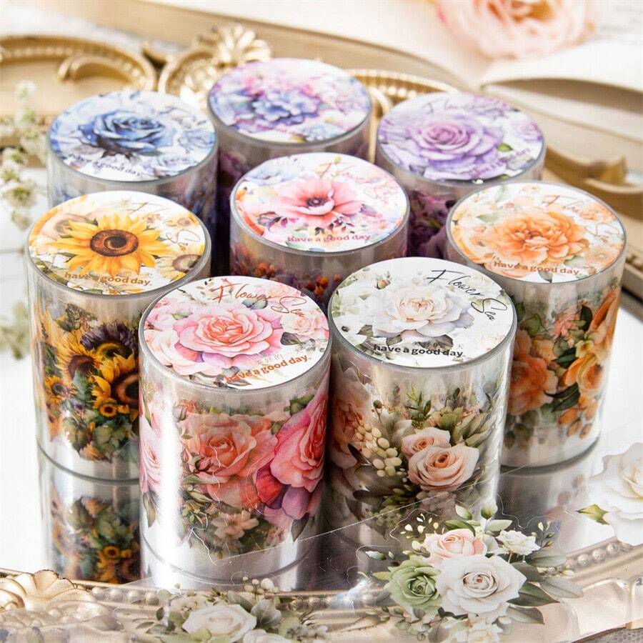 2m/Roll PET Tape Plant And Flower Scrapbook Sticker Set Retro Rose, Sunflower, Hydrangea Butterfly Transparent Waterproof Sticker Set Suitable For Scrapbook Supplies Aesthetic Diary Craftsmanship, Can Also Be Used For DIY Birthday Gifts, Diary Notebook Decoration, Party Gift Decoration, Etc - Multicolor - View 1