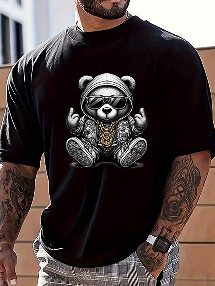 Camiseta de manga corta con cuello redondo casual con estampado de oso de dibujos animados para hombres, camiseta gráfica de verano