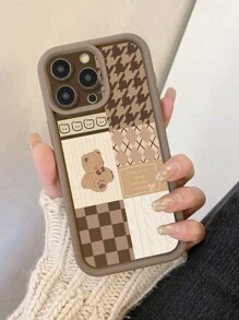 Fall Phone Case 1pc Bear Houndstooth Pattern Phone Case With Precise Cutout Camera Protection, Shock-Absorbing Compatible With Iphone 11 Pro Max/12 Pro Max/13 Pro Max/14 Pro Max/15 Pro Max/16 Plus/16 Pro Max, Compatible With Redmi, Compatible With OPPO/Compatible With Realme, Compatible With VIVO, Compatible With Infinix, One Plus Waterproof Anti-Fall Scratch Resistant,International Version, Not The Domestic Version - Brown - View 5