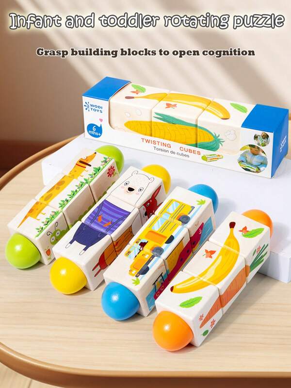 Holzspielzeug für Kinder mit rotierenden Tier-Puzzle-Bausteinen, Kleinkinder im Alter von 0–3 Jahren, Greifspielzeug für die Hand, Früherziehung, Tiererkenntnis, Obst- und Gemüseerkenntnis, Verkehrserkenntnis, Puzzle-Spielzeug