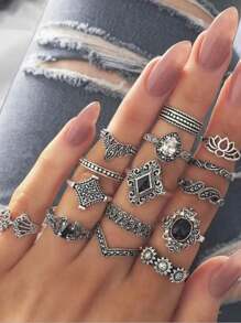 15pcs/Set Vintage Style Teardrop Flower & Diamond Hollow Out Punk Ring Set For Women - 15 Piece Ring Set - View 11
