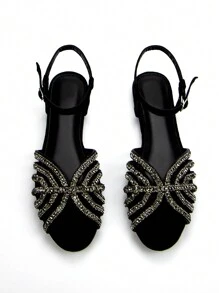 Women's Gorgeous Style Rhinestone Rhinestone Hollow Decoration Black Suede Fashionable Small Round Toe Peep-Toe Ankle Strap Open Heel Back Strap Daily Party Flat Sandals - Black - View 4
