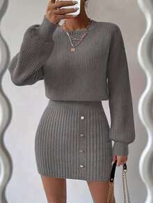 Women's Gray Ribbed Knit Short Sweater Dress With Button Front Details Long Sleeve Slight Stretch Fabric - Grey - View 2