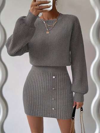 Women's Gray Ribbed Knit Short Sweater Dress With Button Front Details Long Sleeve Slight Stretch Fabric