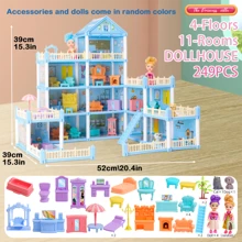 有公主、猫、狗、家具和配件的娃娃屋，适合小女孩的蓝色梦幻娃娃屋玩具。房间花园、厨房玩具、家具和配件玩具、宠物电梯和小狗游乐区、适合 4-5-6-7-8-10 岁女孩的圣诞玩具礼物（一些配件是随机颜色）