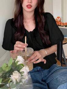 女士纯色简约短袖衬衫 - 黑色 - 查看 6