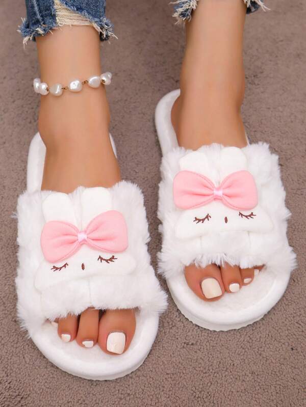 Open Mouth Rabbit Plush Warm Slippers, Women Soft Furry Anti-Slip Indoor House Slippers For Autumn Winter, Thick Bottom Outdoor Wear Bedroom Slippers