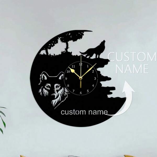 1 pièce Horloge murale en vinyle personnalisée avec loup, décoration murale en vinyle, horloge en disque vinyle léger avec animal et design de nom personnalisé