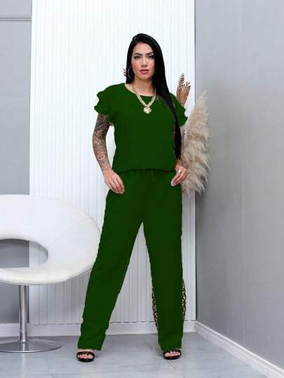 duna feminino conjunto / manga curto /com babado /com calca direto/com bolso