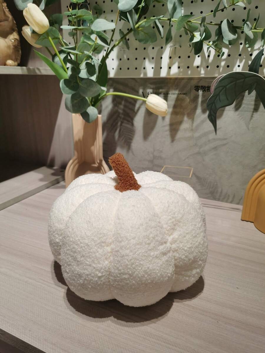 1 件白色南瓜形毛绒抱枕、万圣节南瓜靠垫、节日派对毛绒装饰枕头、家居装饰 - 白色 - 查看 1