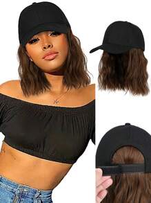 Synthetische Perücke mit Kappe, 8 Zoll kurze lockige Perücke, Bobcut-Stil, schwarze Baseballkappe, hitzebeständige Faser, verstellbare Kappengröße für den täglichen Gebrauch