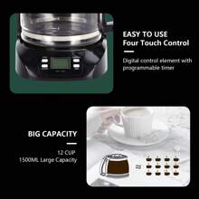Aigostar - Digitale Kaffeemaschine, Kaffeebrüher mit programmierbarer Timer, bis 12 Tassen, 1,5L, Warmhalteplatte, Tropf-Stopp, 800Watt, FilterKaffeemaschine Edelstahl, Schwarz - Schwarz - Übersicht 6