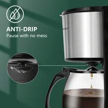 Aigostar - Digitale Kaffeemaschine, Kaffeebrüher mit programmierbarer Timer, bis 12 Tassen, 1,5L, Warmhalteplatte, Tropf-Stopp, 800Watt, FilterKaffeemaschine Edelstahl, Schwarz - Schwarz - Übersicht 3