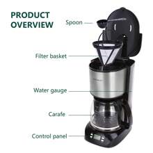 Aigostar - Digitale Kaffeemaschine, Kaffeebrüher mit programmierbarer Timer, bis 12 Tassen, 1,5L, Warmhalteplatte, Tropf-Stopp, 800Watt, FilterKaffeemaschine Edelstahl, Schwarz - Schwarz - Übersicht 8