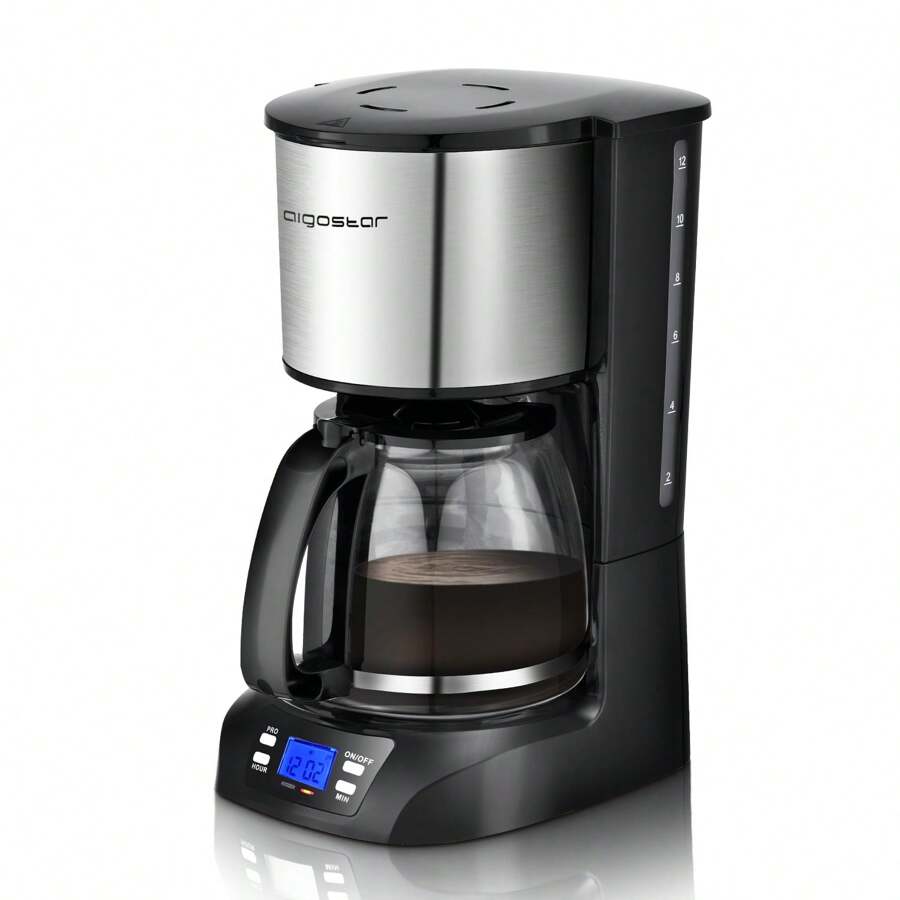 Aigostar - Digitale Kaffeemaschine, Kaffeebrüher mit programmierbarer Timer, bis 12 Tassen, 1,5L, Warmhalteplatte, Tropf-Stopp, 800Watt, FilterKaffeemaschine Edelstahl, Schwarz - Schwarz - Übersicht 1