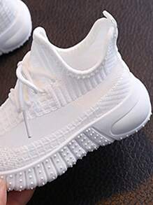 1 双儿童时尚编织针织透气跑步鞋，舒适防滑系带运动鞋，适合儿童户外活动 - 白色 - 查看 4