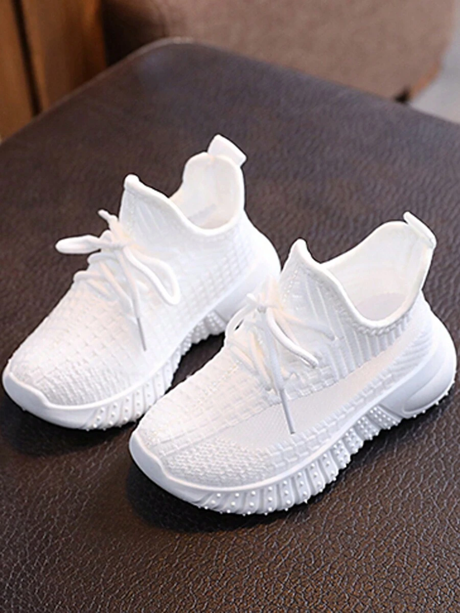 1 双儿童时尚编织针织透气跑步鞋,舒适防滑系带运动鞋,适合儿童户外活动 - 白色 - 查看 1