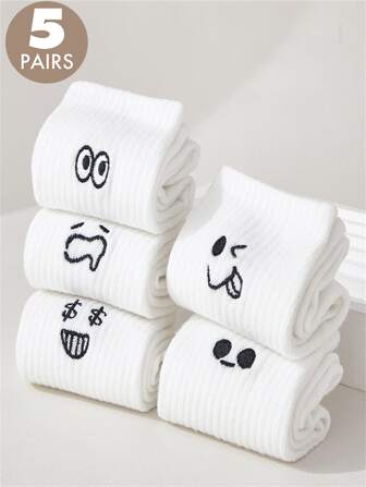 5 Pairs Assorted White Print Mid-Calf Socks For Women, Casual Cute Cartoon Sports Socks, Fall