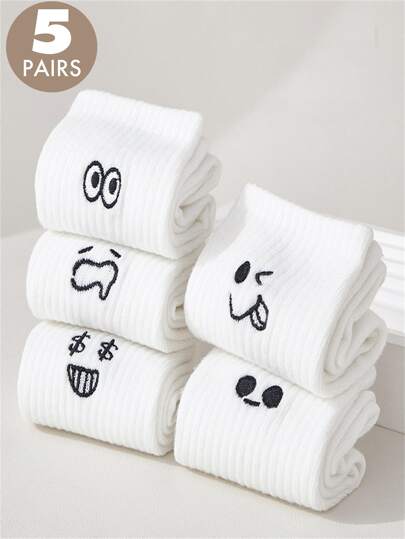 5 pares de calcetines medianos para mujer con estampado blanco surtido, calcetines deportivos casuales y lindos con dibujos, para otoño