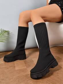 女士时尚厚底中筒靴，黑色编织透气休闲高帮弹力靴，修身时尚百搭，春秋英伦风 - 黑色 - 查看 2