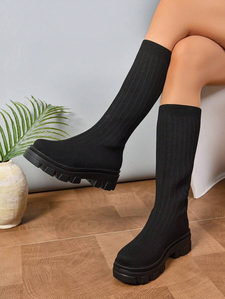 女士时尚厚底中筒靴，黑色编织透气休闲高帮弹力靴，修身时尚百搭，春秋英伦风 - 黑色 - 查看 1
