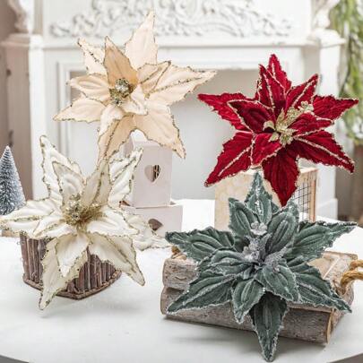 1 pieza/4 piezas Flores artificiales de terciopelo con brillo de 26cm, flores falsas, decoraciones de árbol, mejores regalos, decoración del hogar para cumpleaños, decoraciones navideñas, decoración de habitación, decoraciones navideñas de invierno, decoraciones navideñas para el hogar, regalos de Navidad, decoración navideña