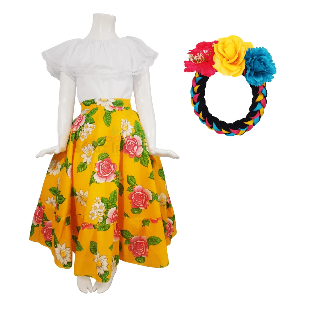 Disfraz Adelita + Tocado de Flores Vestido Patrio Niña Amarillo Traje Mexicano Fiestas Patrias Septiembre Niña - Amarillo - Ver 1