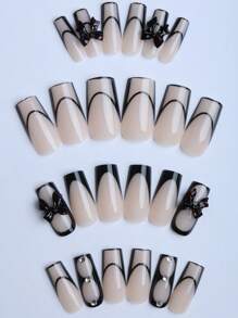 24 piezas de uñas postizas acrílicas de estilo ballet negro con brillo y piedras rhinestone, de longitud media y forma cuadrada, de cobertura completa, con pegamento de gelatina y 1 pieza de tiras de frotamiento, accesorios esenciales para fiestas
