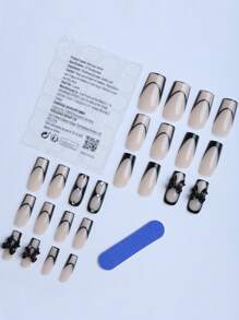 24 piezas de uñas postizas acrílicas de estilo ballet negro con brillo y piedras rhinestone, de longitud media y forma cuadrada, de cobertura completa, con pegamento de gelatina y 1 pieza de tiras de frotamiento, accesorios esenciales para fiestas